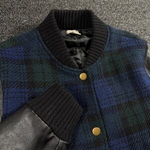 J.Crew Varsity Bomber Jacket Black Watch Plaid Women's M Wool Blend Faux Leather